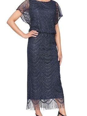 SLNY Navy Beaded Fringe Maxi Dress with Flutter Sleeves